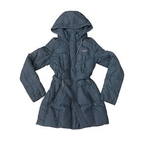 Hollister Womens Puffer Coat Quilted Hooded Belted Charcoal Gray Size S